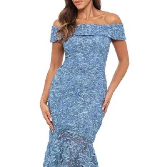 XSCAPE Women's Off-The-Shoulder Lace Handkerchief-Hem Dress Slate - Picture 1 of 5